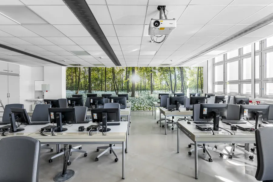 Seminarraum der EAH Jena mit wandfüllendem Panorama eines blühenden Bärlauchwaldes hinter den Arbeitsplätzen