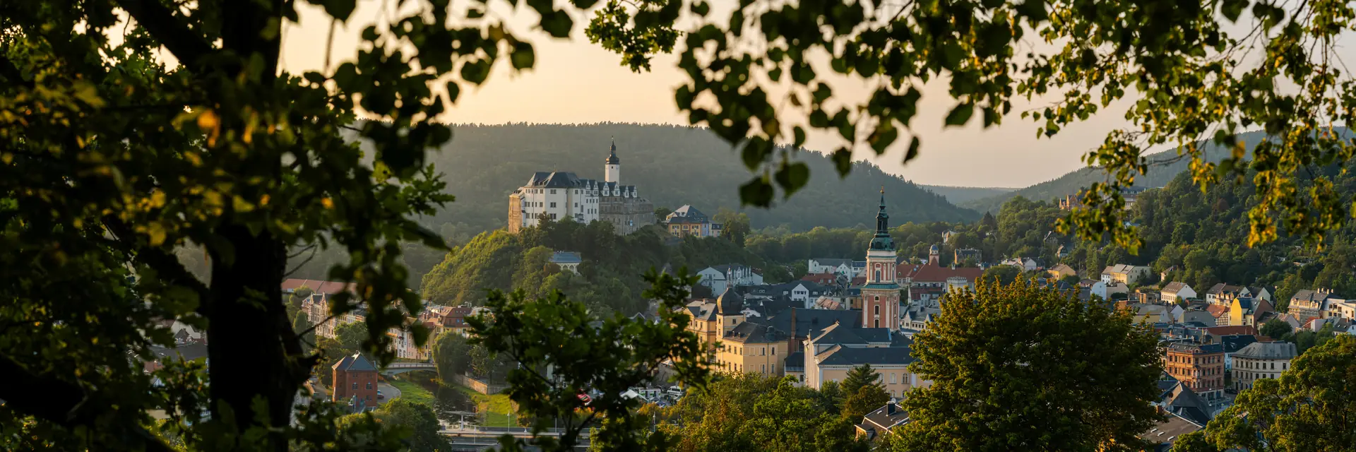 Greiz mit dem Oberen Schloss über der Stadt, gerahmt von Laub im Vordergrund