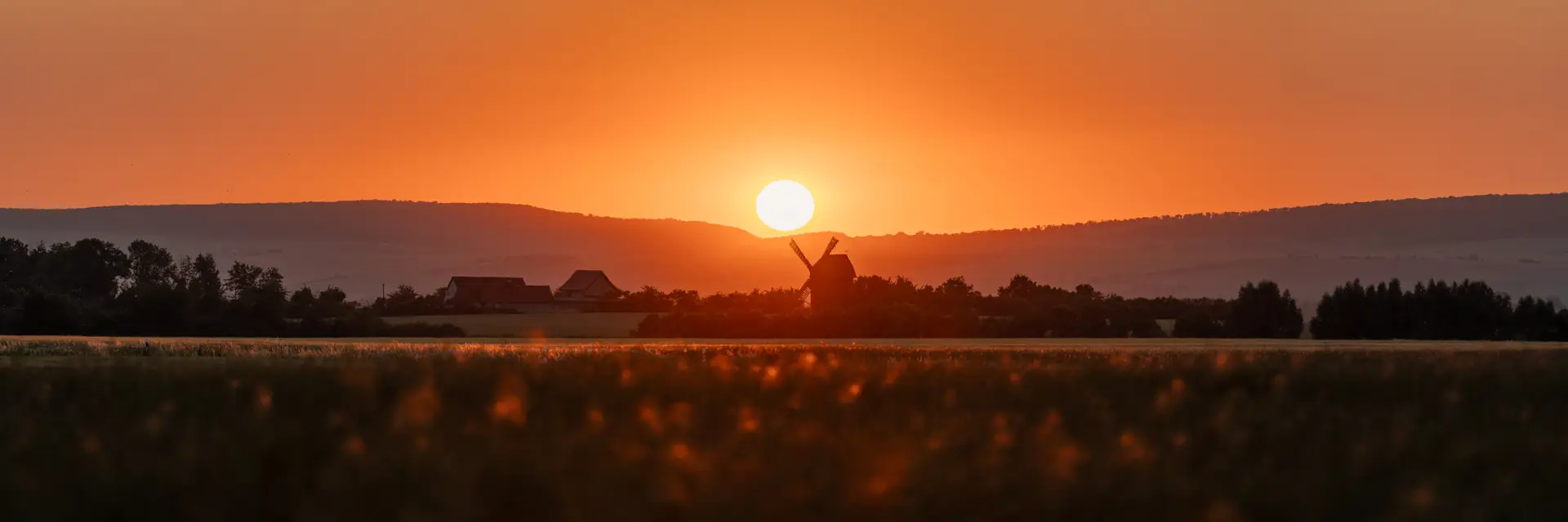 Sonnenuntergang über einem Feld bei Schillingstedt, eine Windmühle steht am Horizont