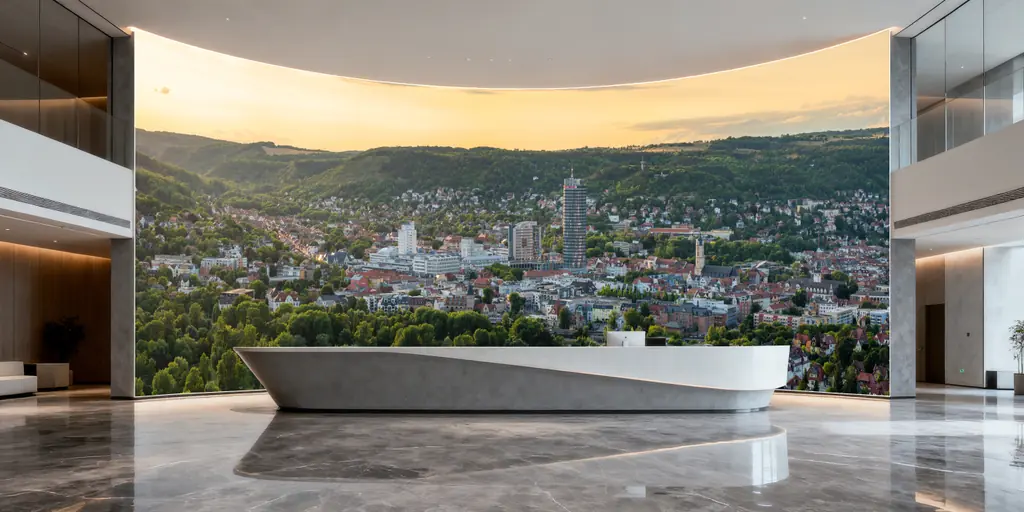 Empfangstresen mit großformatigem Jena-Panorama an der Rückwand